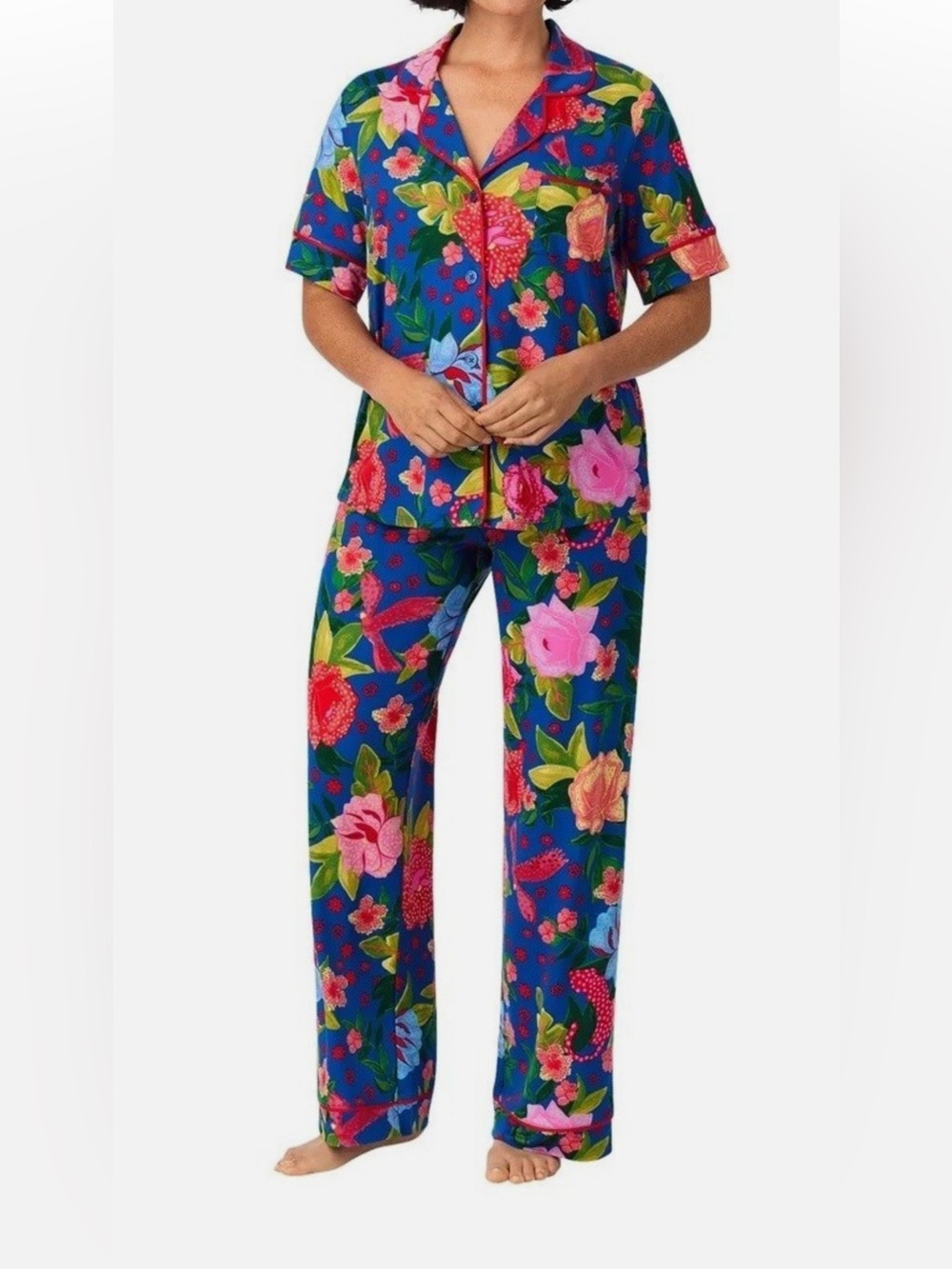 Blue Floral Notch Collar Pajama Set with Bright Flowers Small NWT